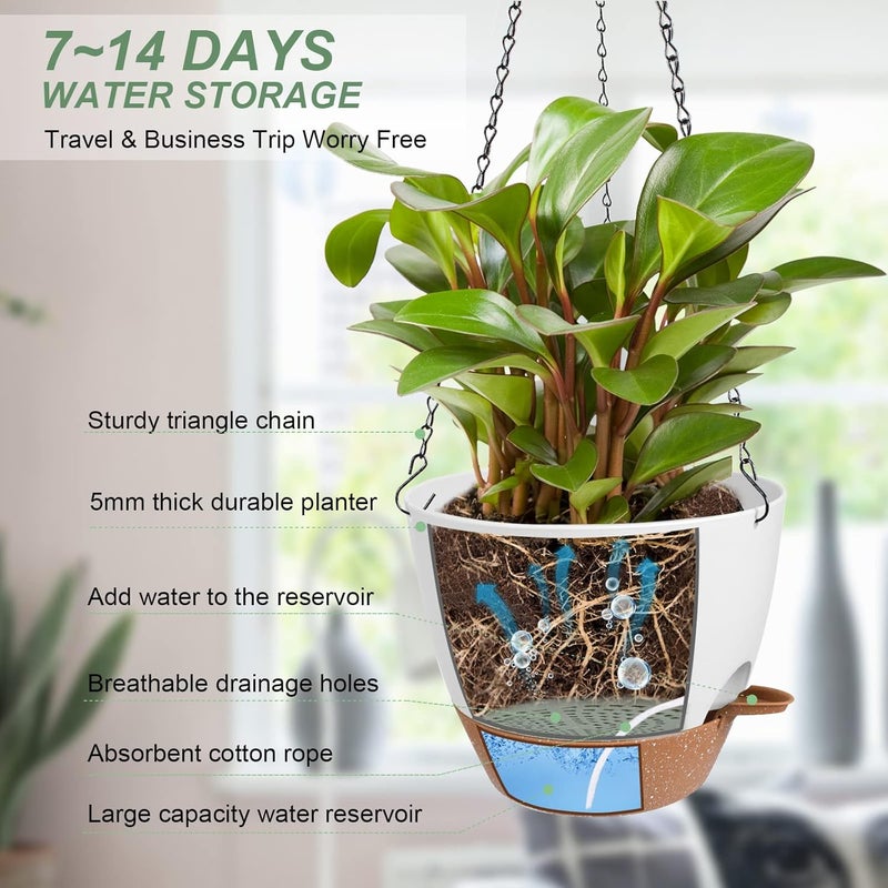 Vanslogreen Hanging Planters for Indoor Outdoor Plants, 2 Pack Self Watering Hanging Pot with Drainage Holes & Removable Tray (White, 8'') - Image 2